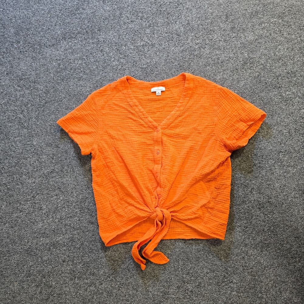 LL Bean Top Womens Size Medium Orange Gauze Texture Button Up Tie Waist Casual